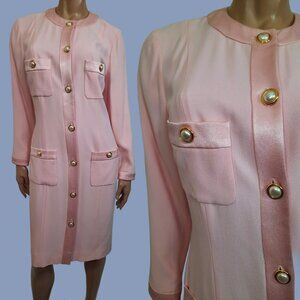 Vintage 80s Albert Nipon Button Front Sheath M Pink Elegant Mid Length Day Dress